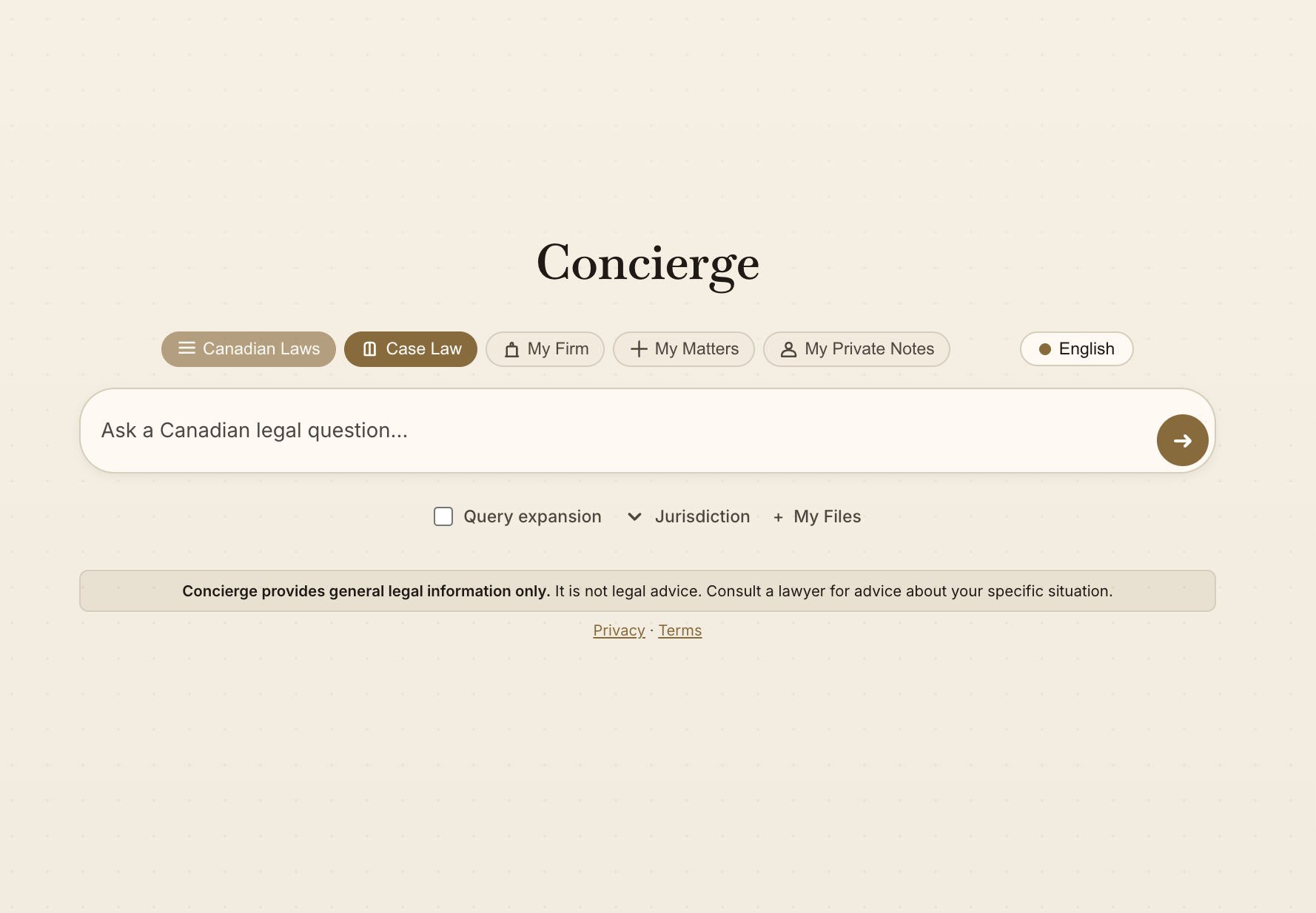 Anitarian Concierge Canadian legal AI chat interface for laws, case law, matters, and private notes